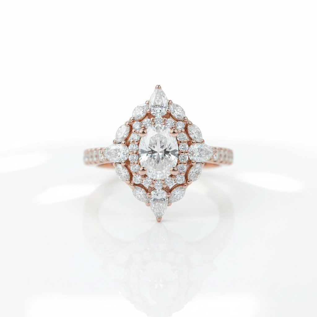 14k Rose Gold Double Halo Oval Cut Diamond Option Engagement Ring-Black Diamonds New York