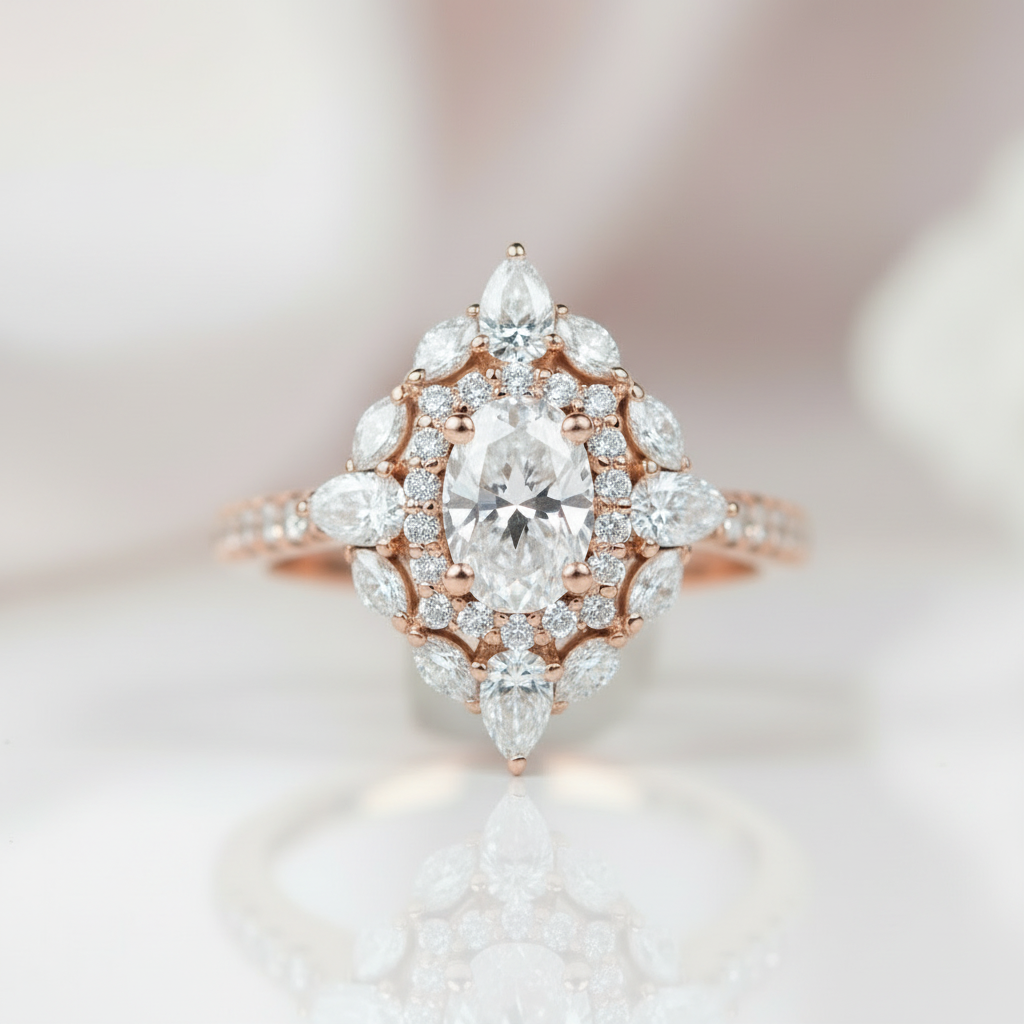 14k Rose Gold Double Halo Oval Cut Diamond Engagement Ring-Black Diamonds New York