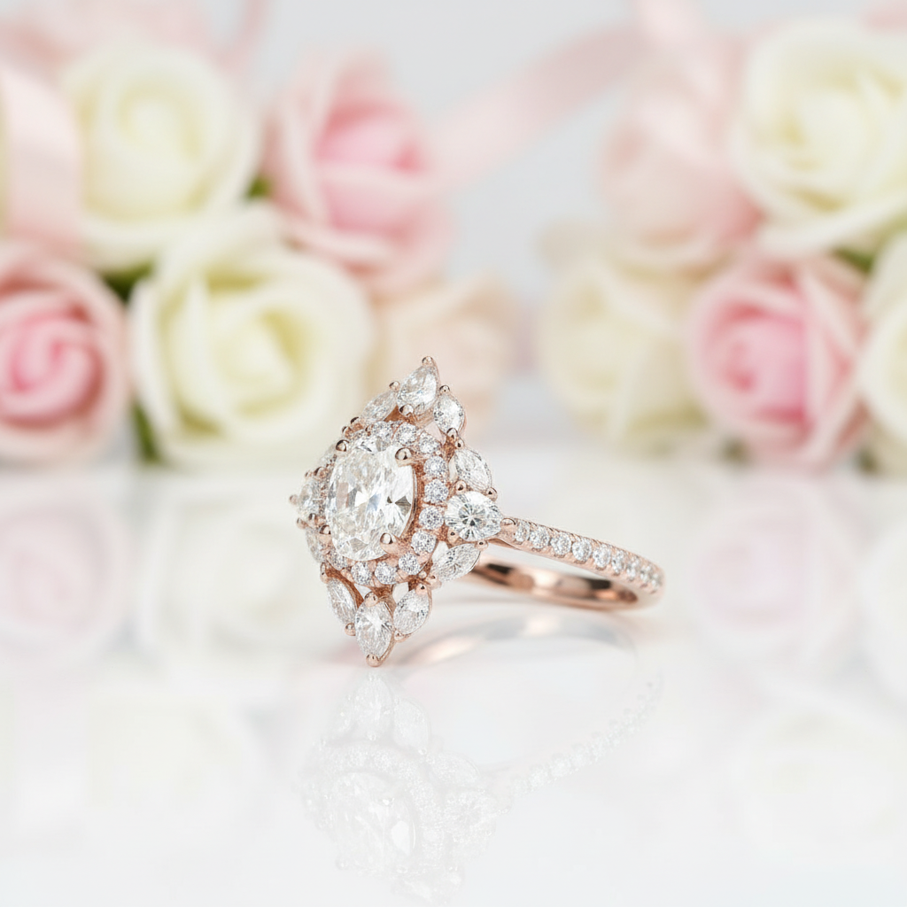 14k Rose Gold Double Halo Oval Cut Diamond Engagement Ring-Black Diamonds New York