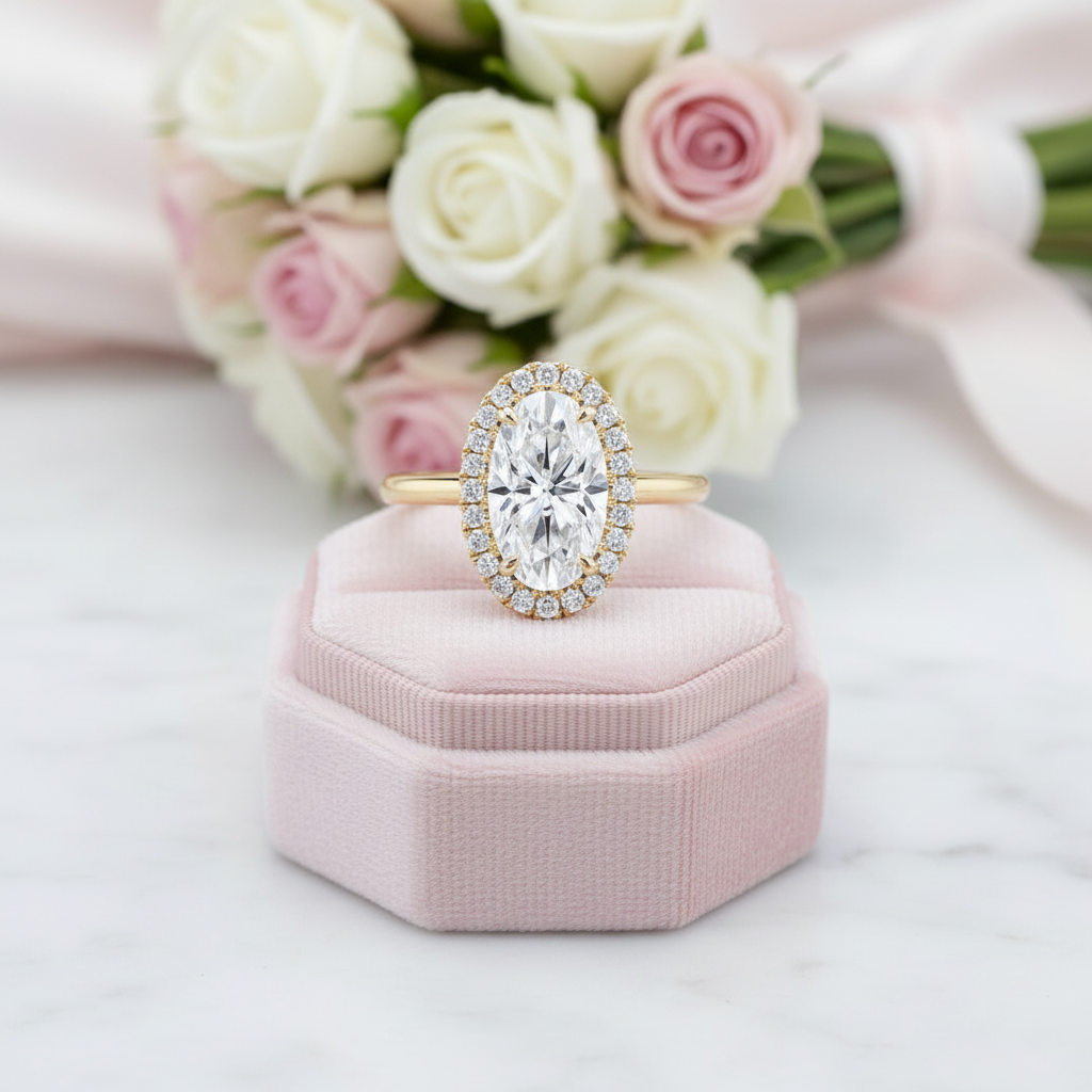 14k Rose Gold Elongated Oval Cut Halo Diamond Option Engagement Ring-Black Diamonds New York