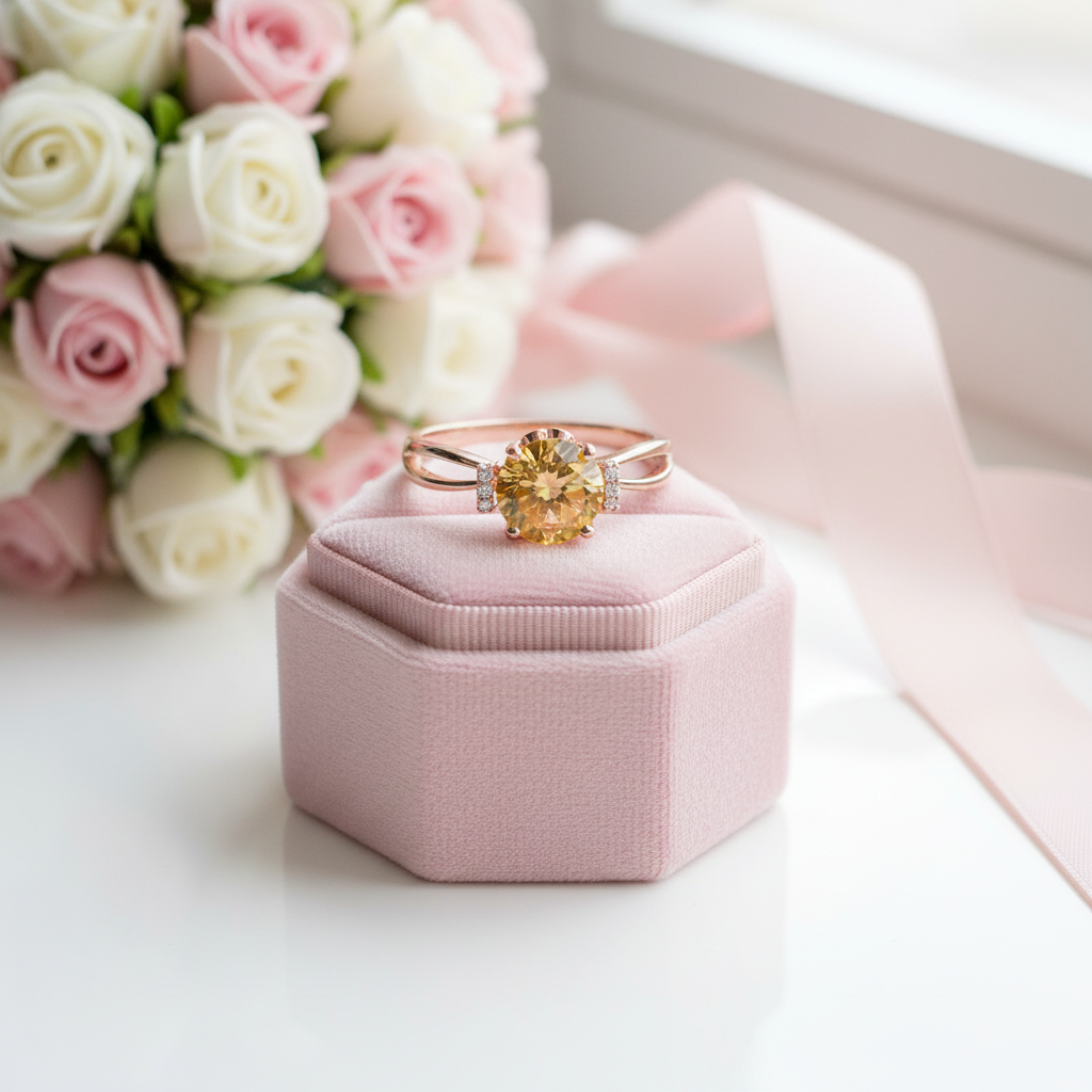14k Rose Gold Floral Yellow Citrine Natural Diamond Option Ring-Black Diamonds New York