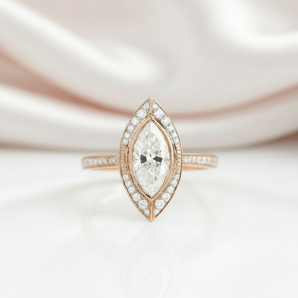 14k Rose Gold Marquise Cut Vintage Diamond Engagement Ring-Black Diamonds New York