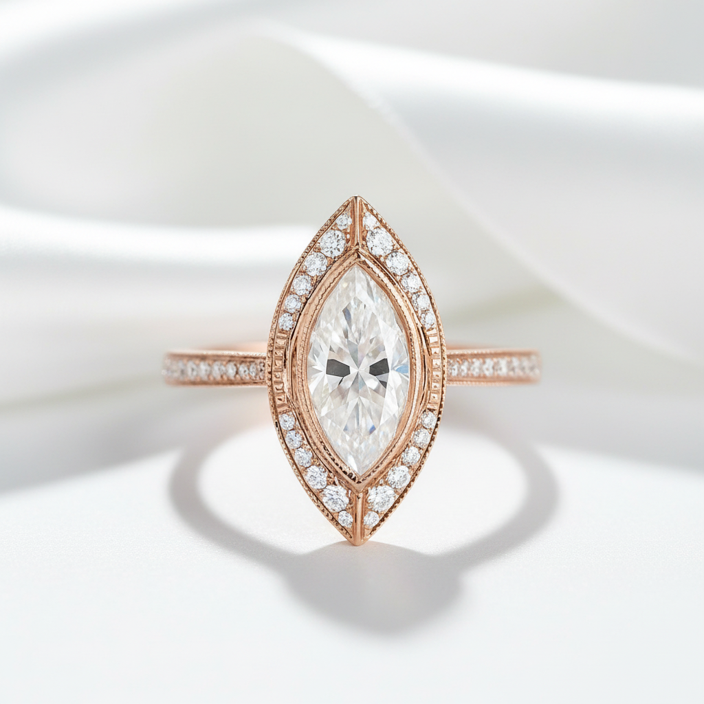 14k Rose Gold Marquise Cut Vintage Diamond Engagement Ring-Black Diamonds New York