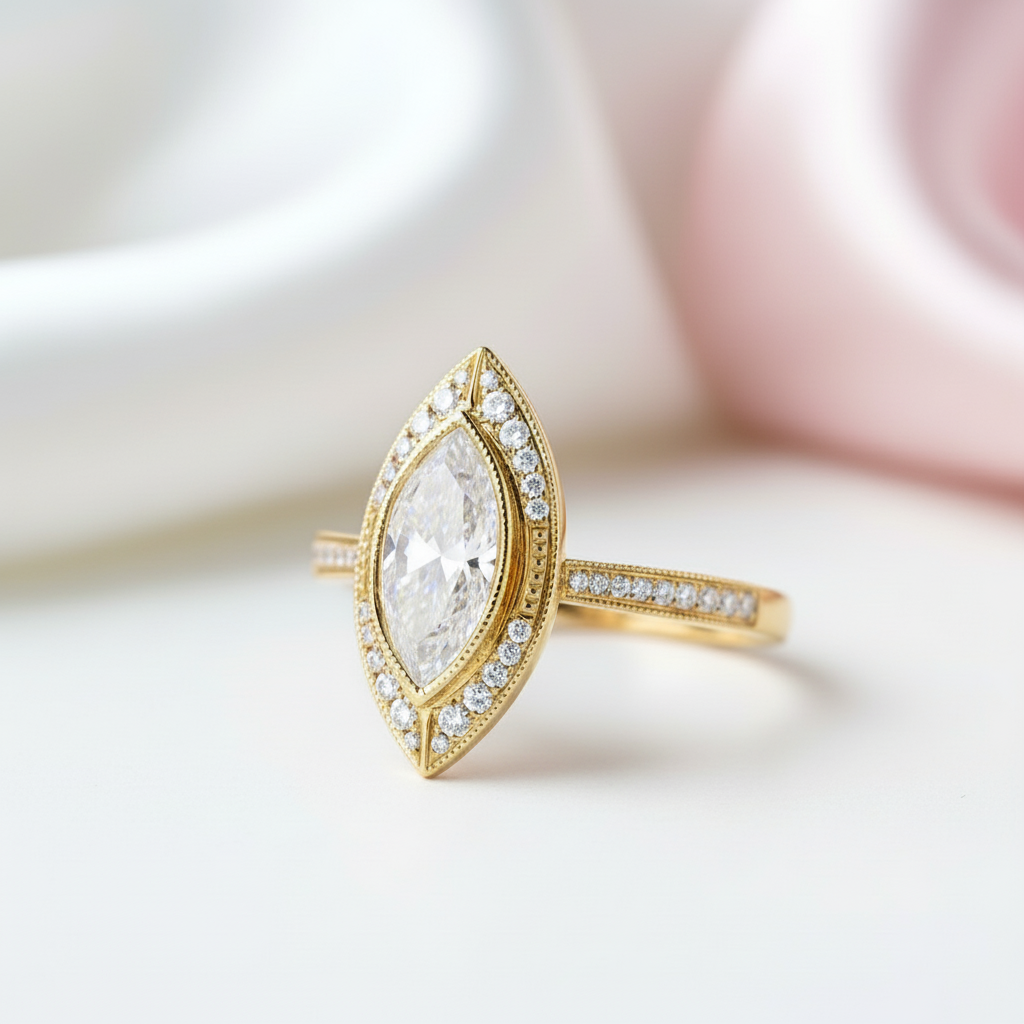 14k Rose Gold Marquise Cut Vintage Diamond Engagement Ring-Black Diamonds New York