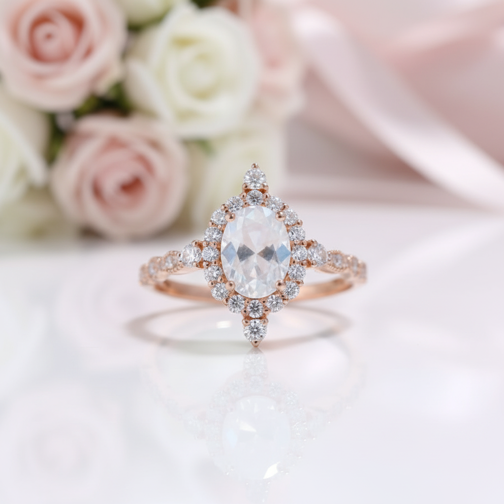 14K Rose Gold Moonstone and Diamond Option Halo Engagement Ring-Black Diamonds New York