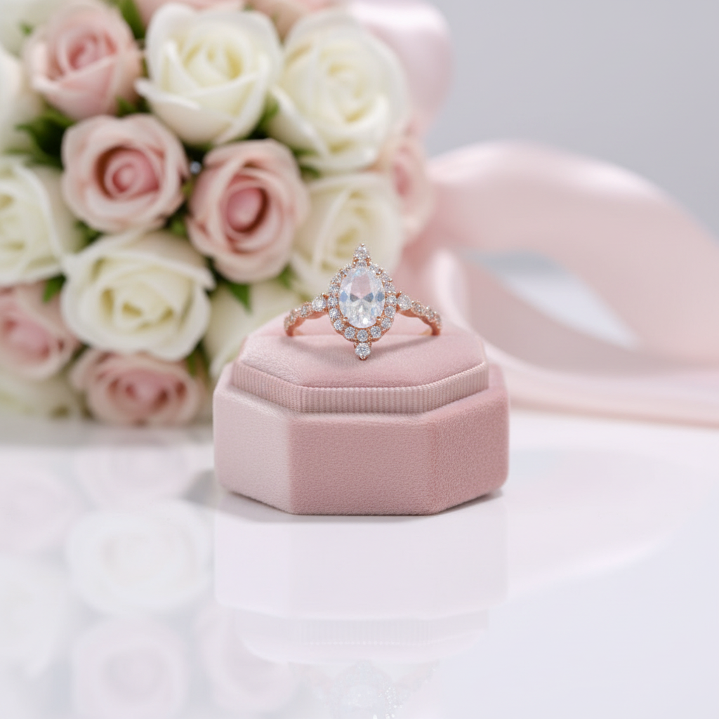 14K Rose Gold Moonstone and Diamond Option Halo Engagement Ring-Black Diamonds New York