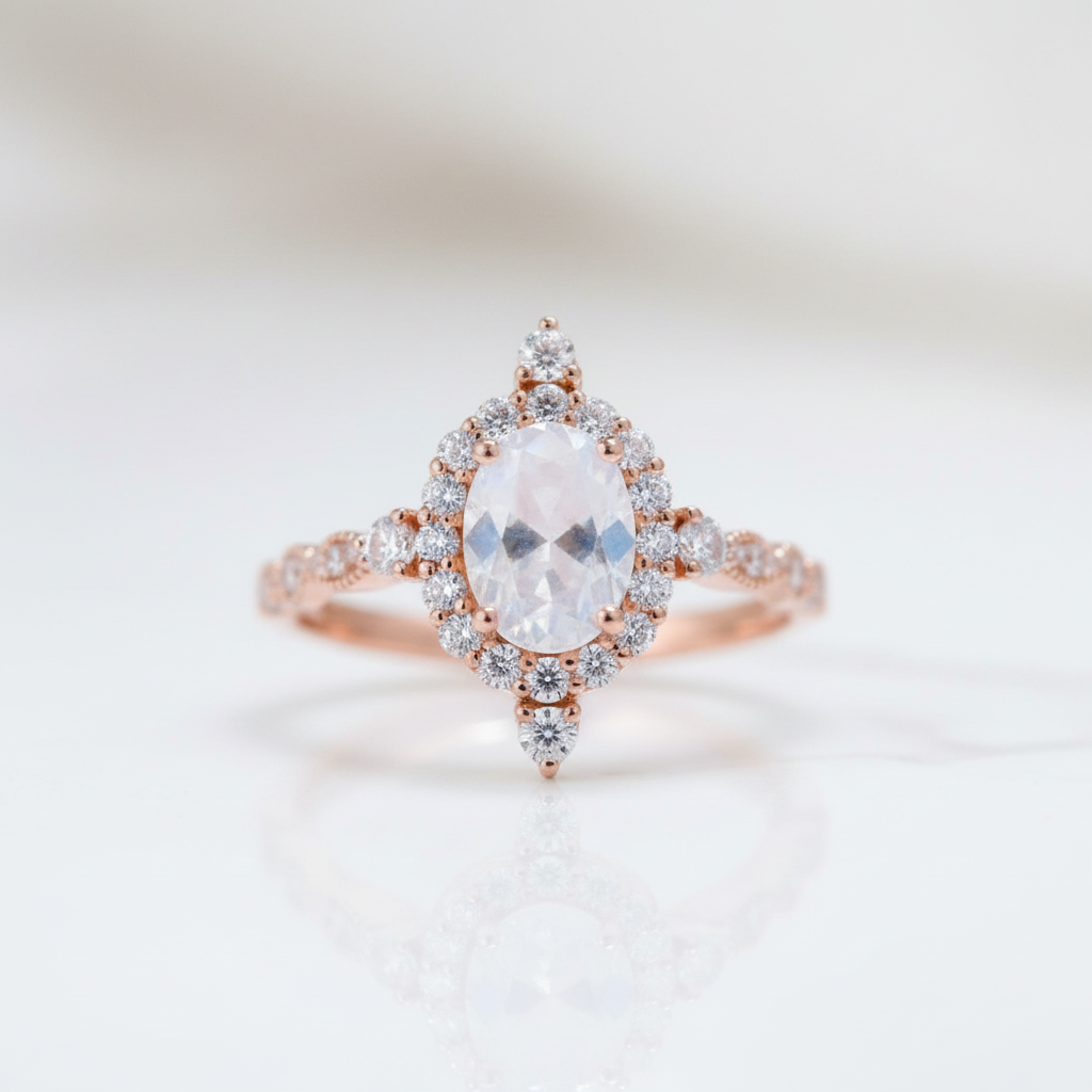 14K Rose Gold Moonstone and Diamond Option Halo Engagement Ring-Black Diamonds New York