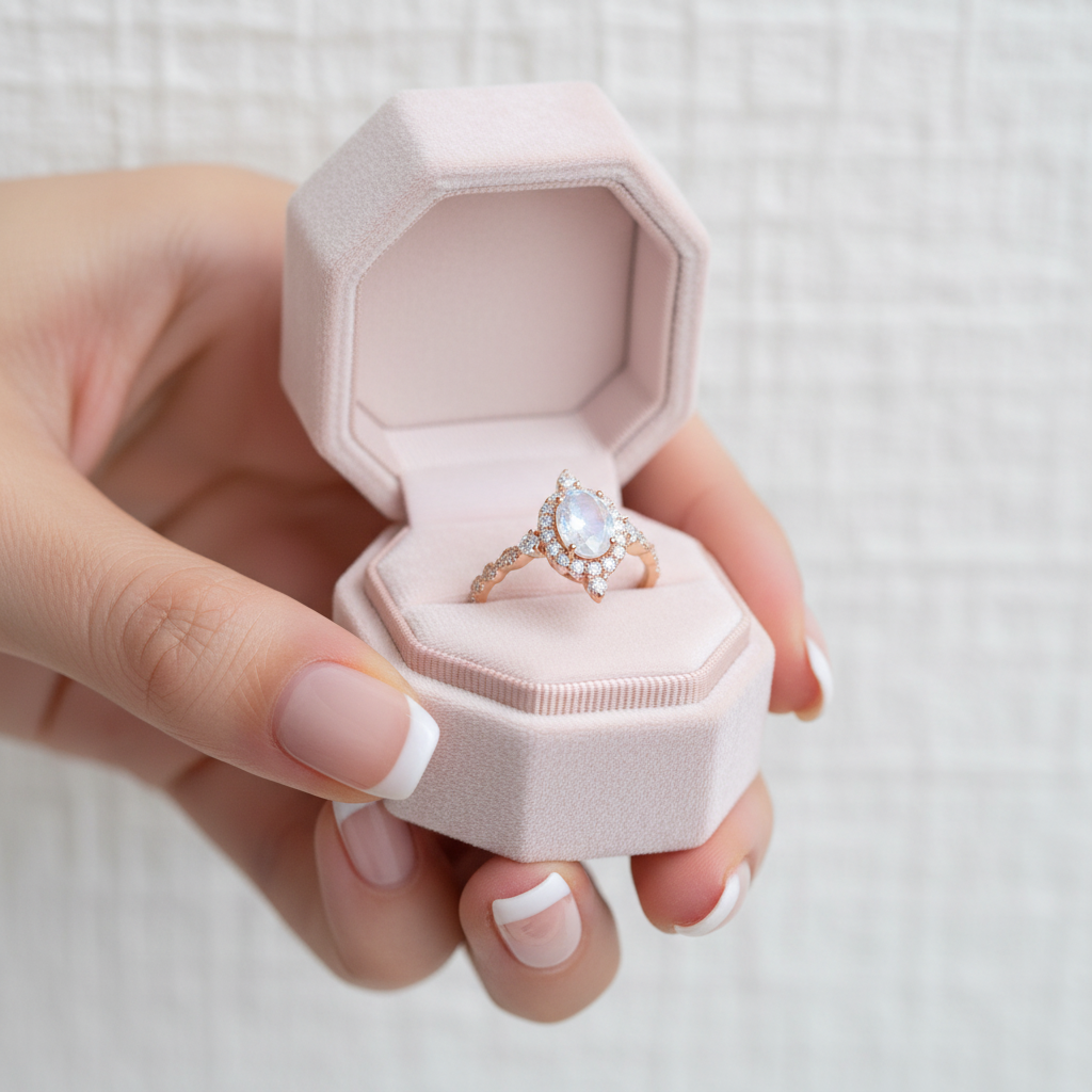 14K Rose Gold Moonstone and Diamond Option Halo Engagement Ring-Black Diamonds New York