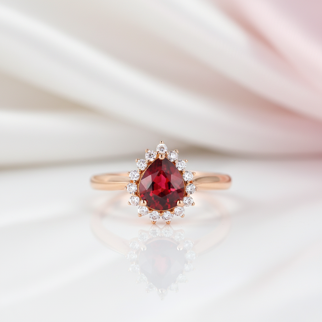 14k Rose Gold Pear Cut Garnet Diamond Option Halo Engagement Ring-Black Diamonds New York