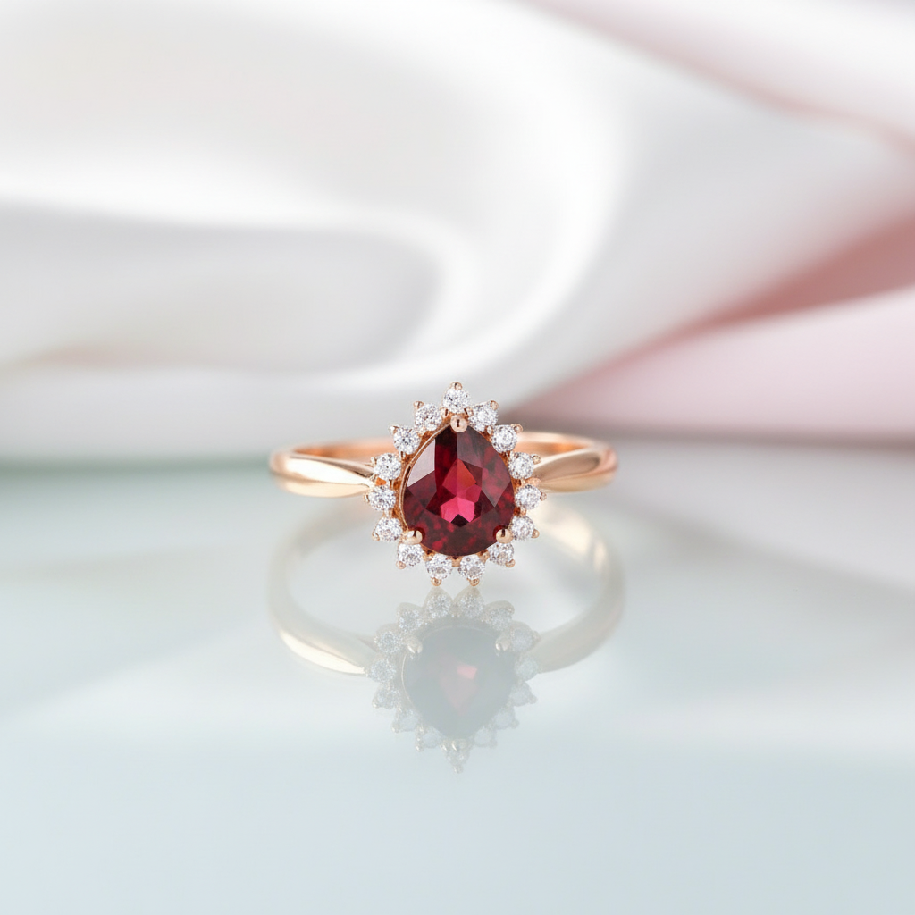 14k Rose Gold Pear Cut Garnet Diamond Option Halo Engagement Ring-Black Diamonds New York