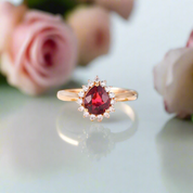 14k Rose Gold Pear Cut Garnet Diamond Halo Engagement Ring-Black Diamonds New York