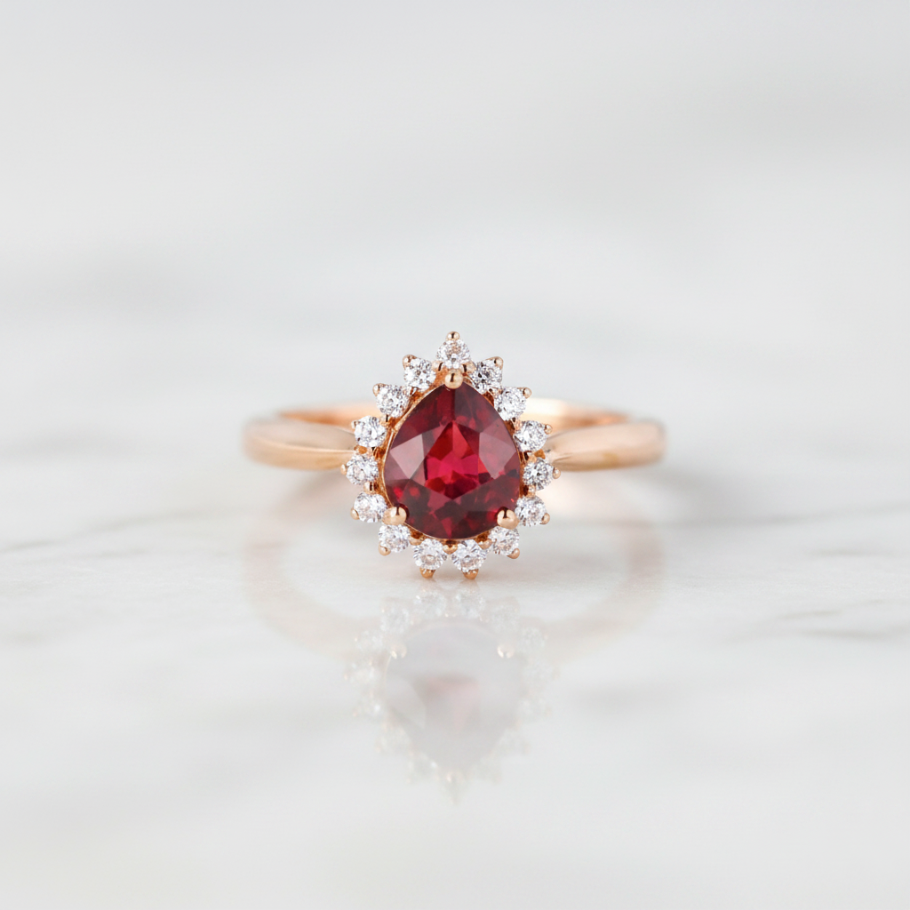 14k Rose Gold Pear Cut Garnet Diamond Option Halo Engagement Ring-Black Diamonds New York