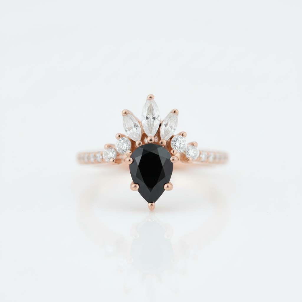 14K Rose Gold Pear Cut Onyx Cocktail Ring-Black Diamonds New York