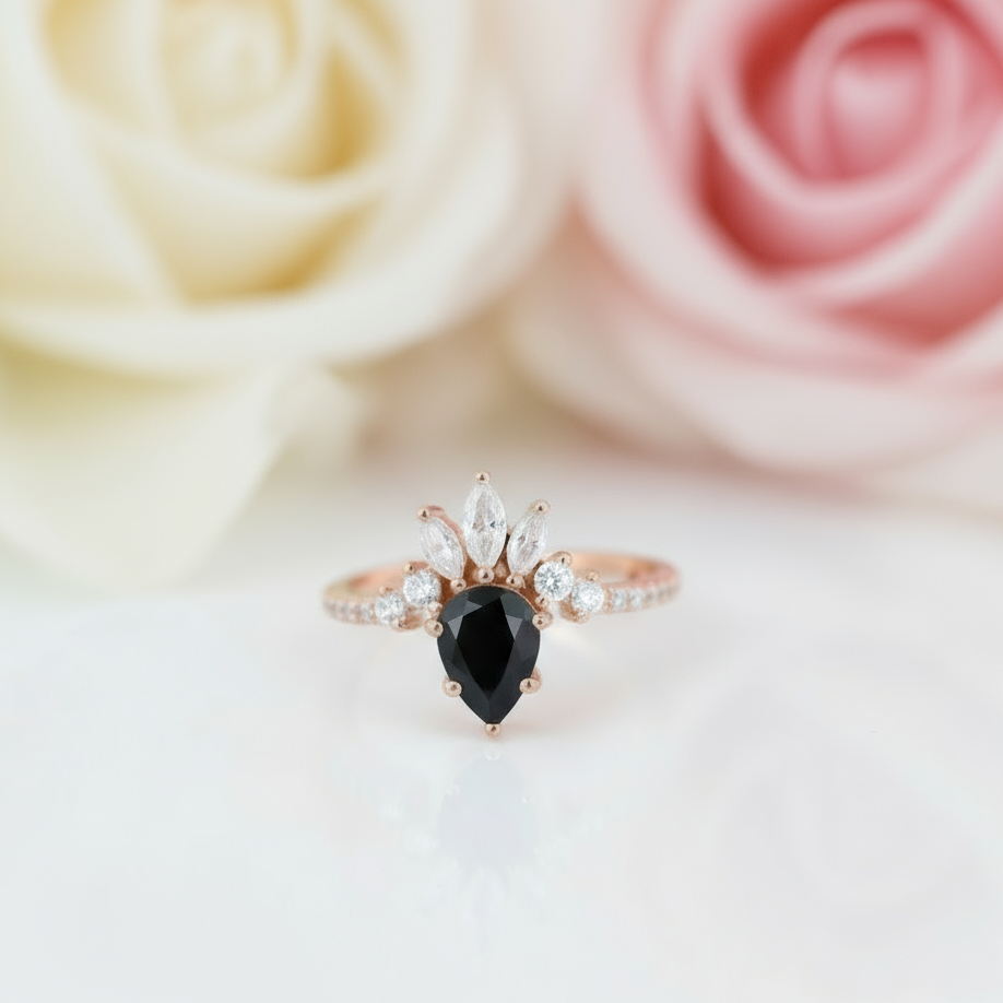 14K Rose Gold Pear Cut Onyx Cocktail Ring-Black Diamonds New York