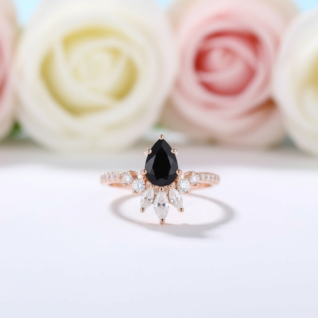 14K Rose Gold Pear Cut Onyx Cocktail Ring-Black Diamonds New York