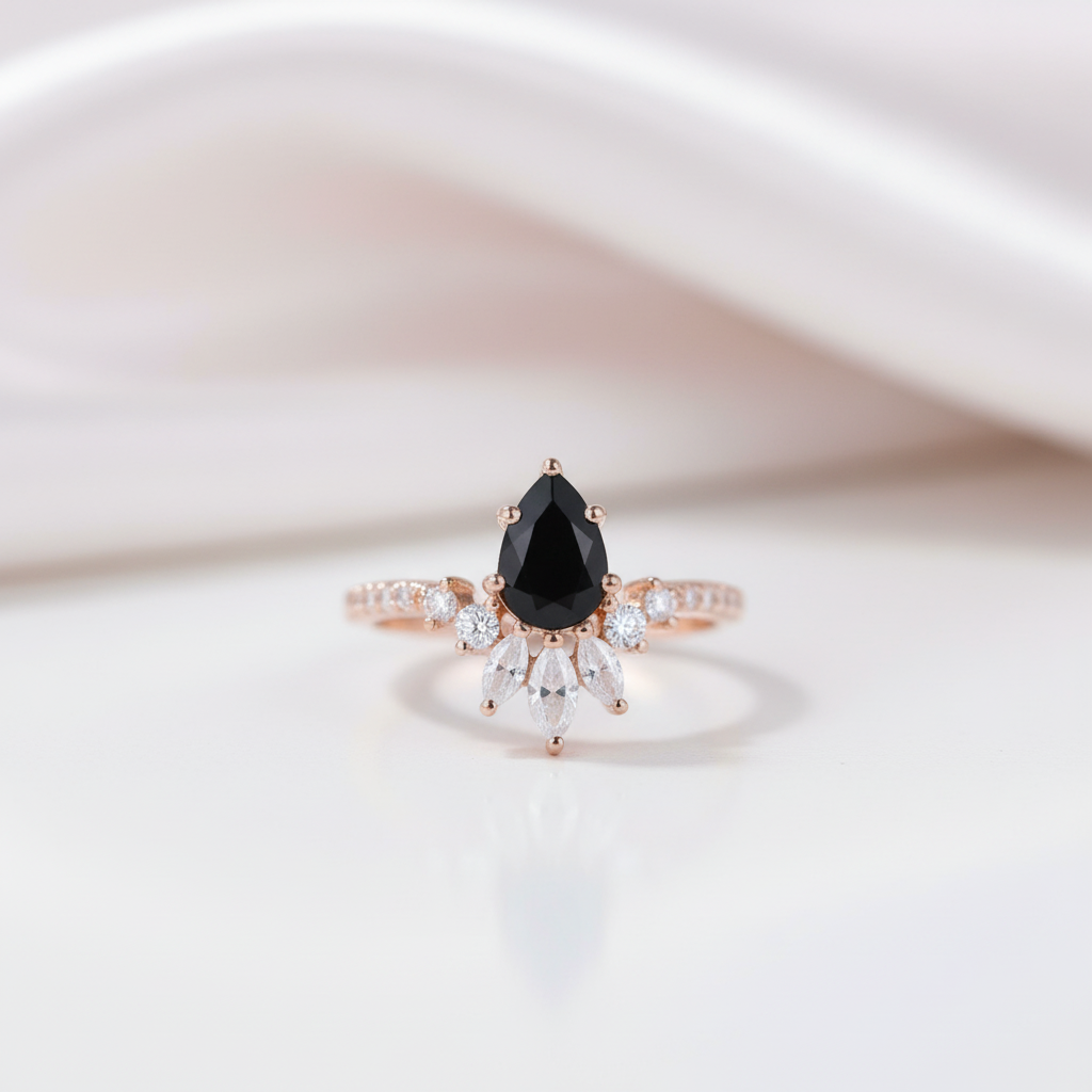 14K Rose Gold Pear Cut Onyx Cocktail Ring-Black Diamonds New York
