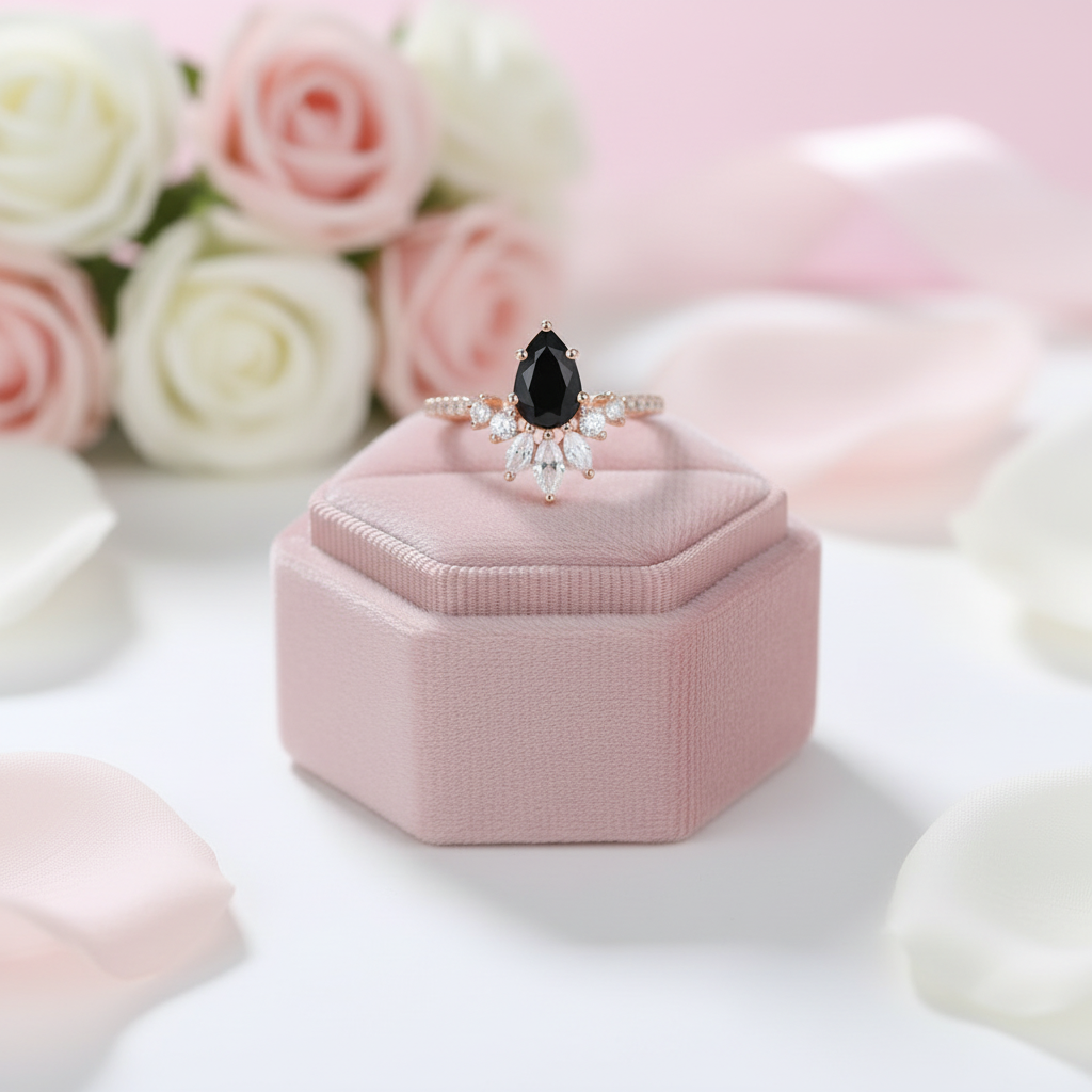 14K Rose Gold Pear Cut Onyx Cocktail Ring-Black Diamonds New York