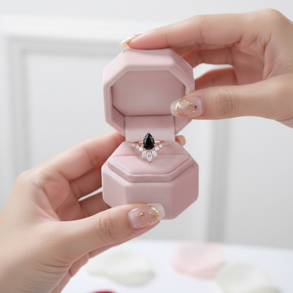 14K Rose Gold Pear Cut Onyx Cocktail Ring-Black Diamonds New York