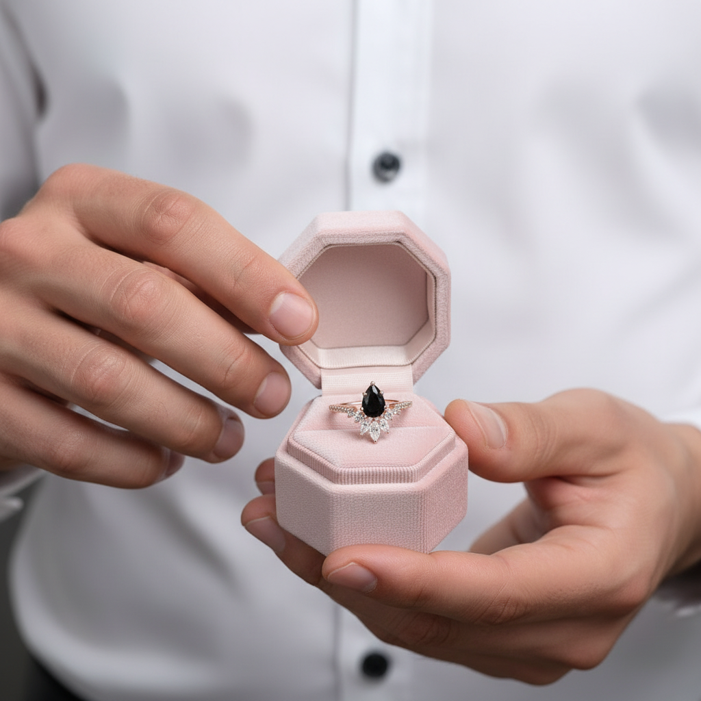 14K Rose Gold Pear Cut Onyx Cocktail Ring-Black Diamonds New York