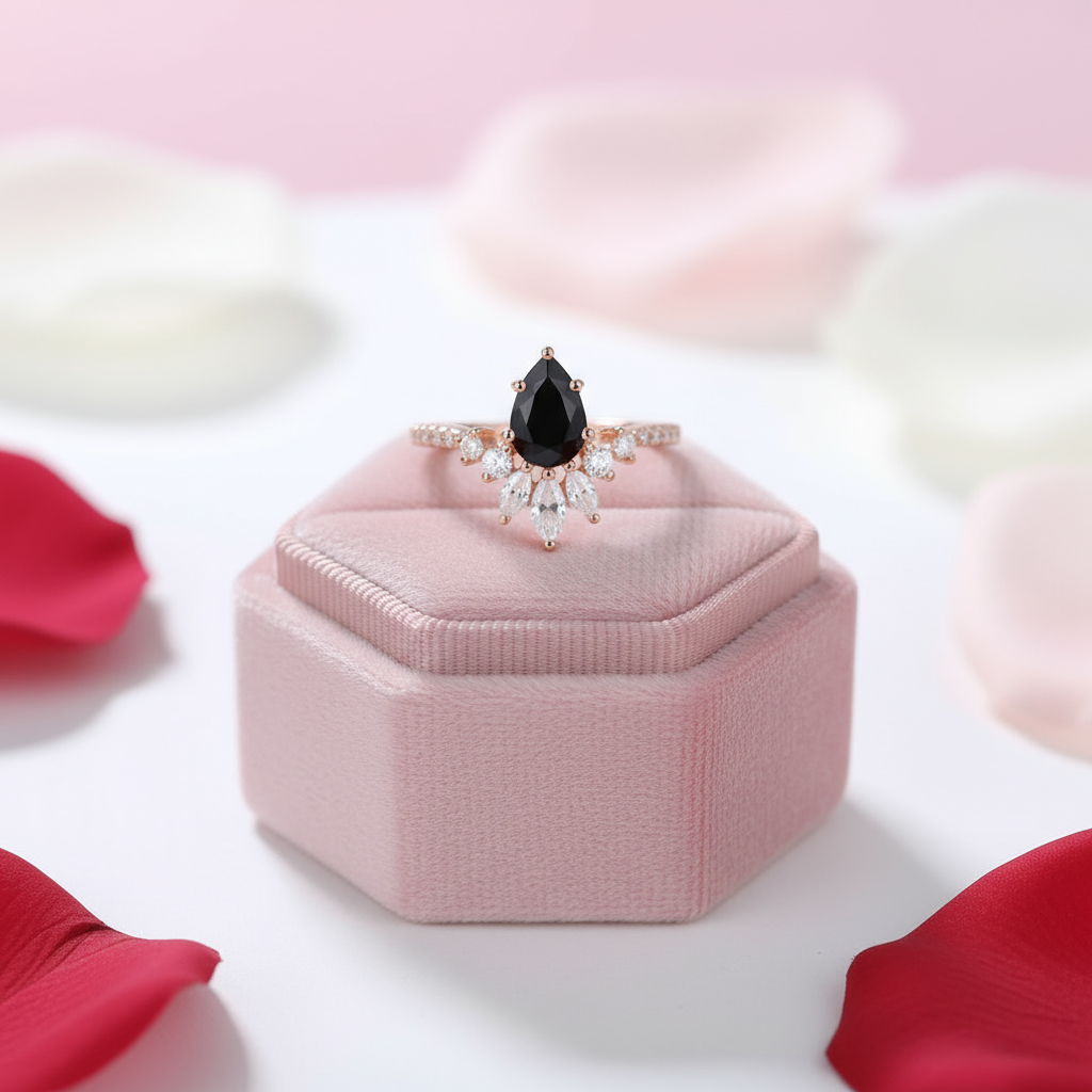 14K Rose Gold Pear Cut Onyx Cocktail Ring-Black Diamonds New York