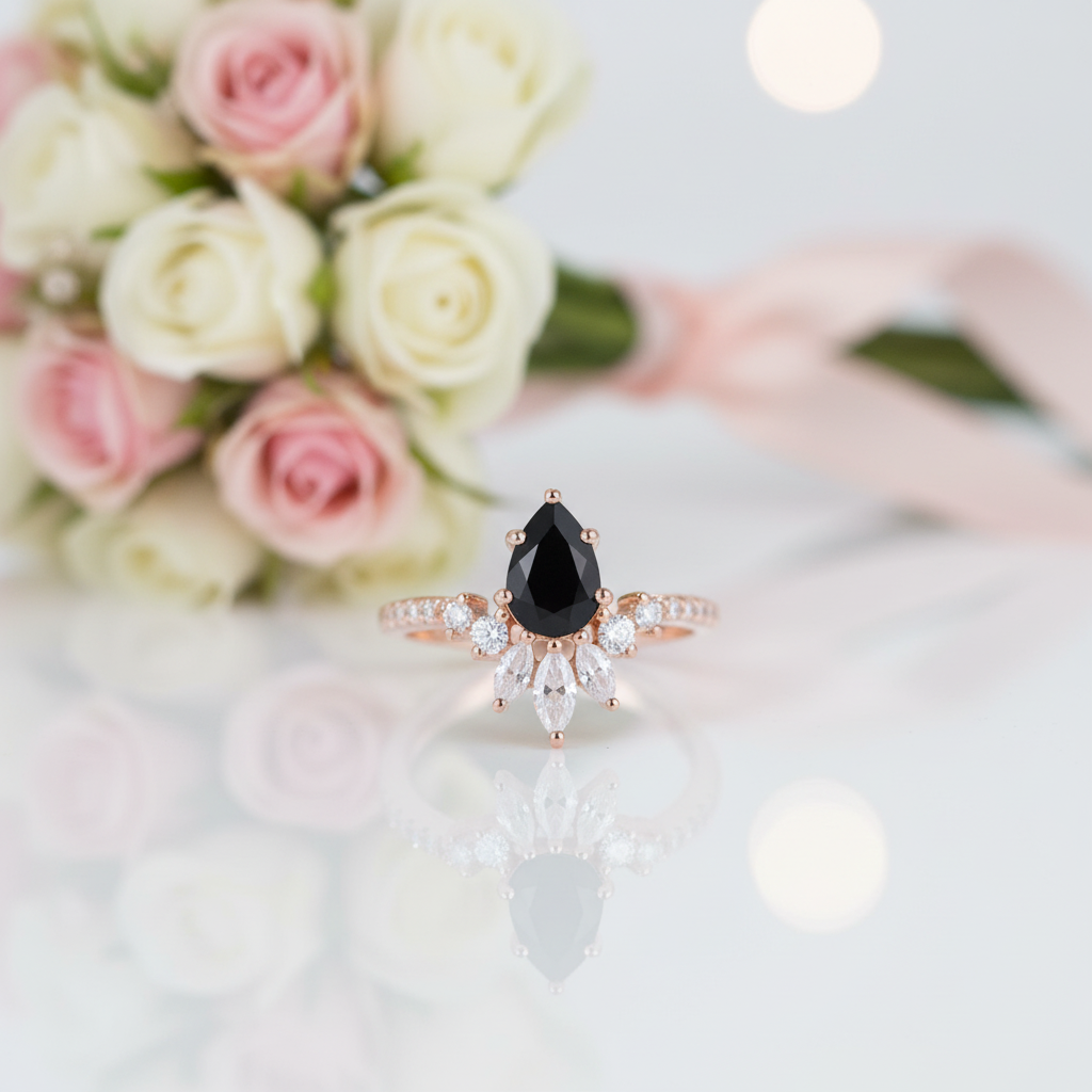 14K Rose Gold Pear Cut Onyx Cocktail Ring-Black Diamonds New York