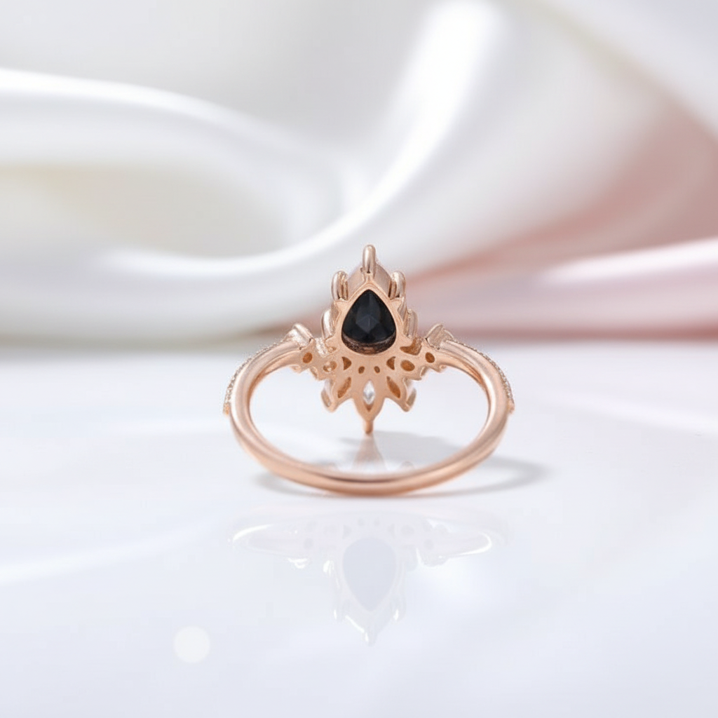 14K Rose Gold Pear Cut Onyx Cocktail Ring-Black Diamonds New York