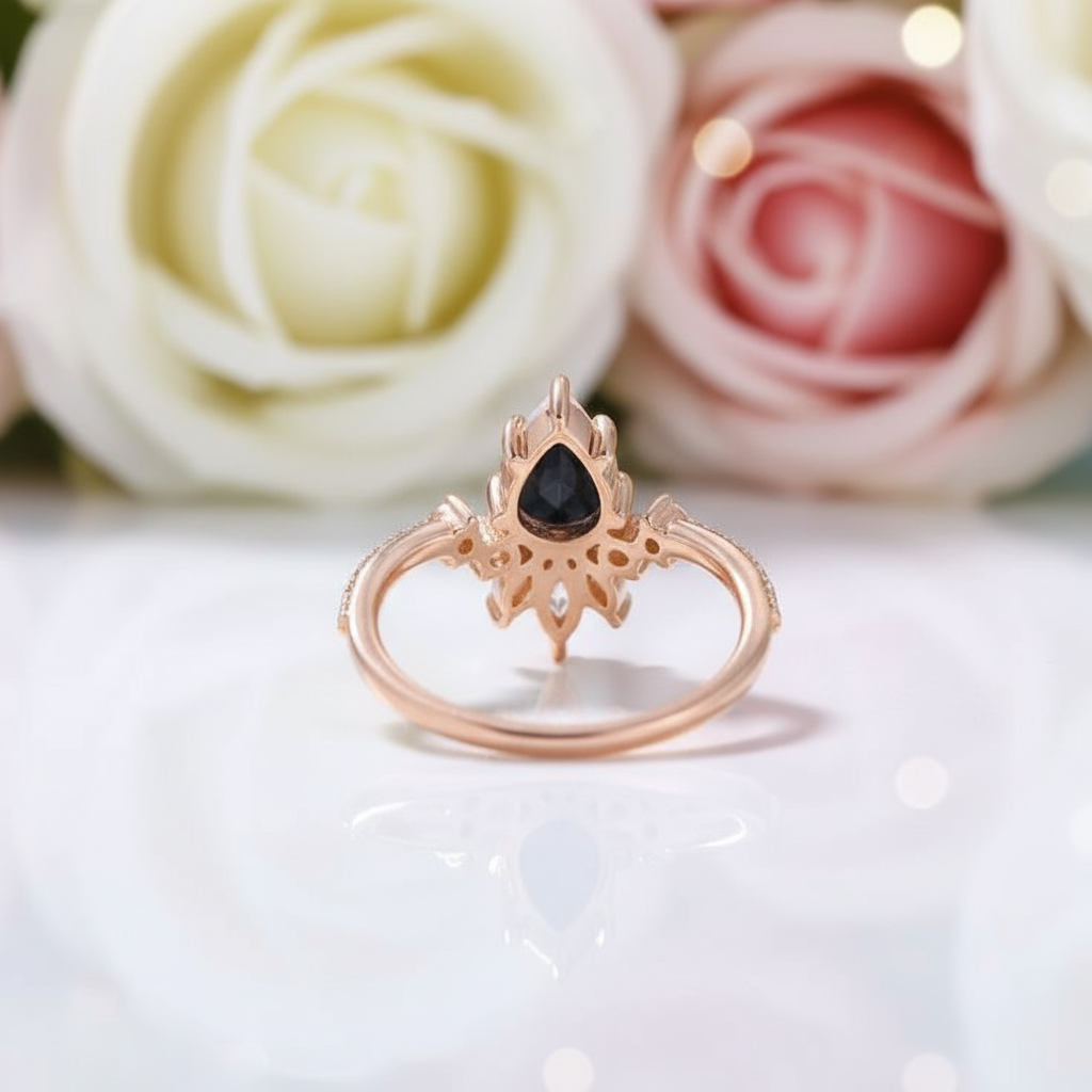 14K Rose Gold Pear Cut Onyx Cocktail Ring-Black Diamonds New York