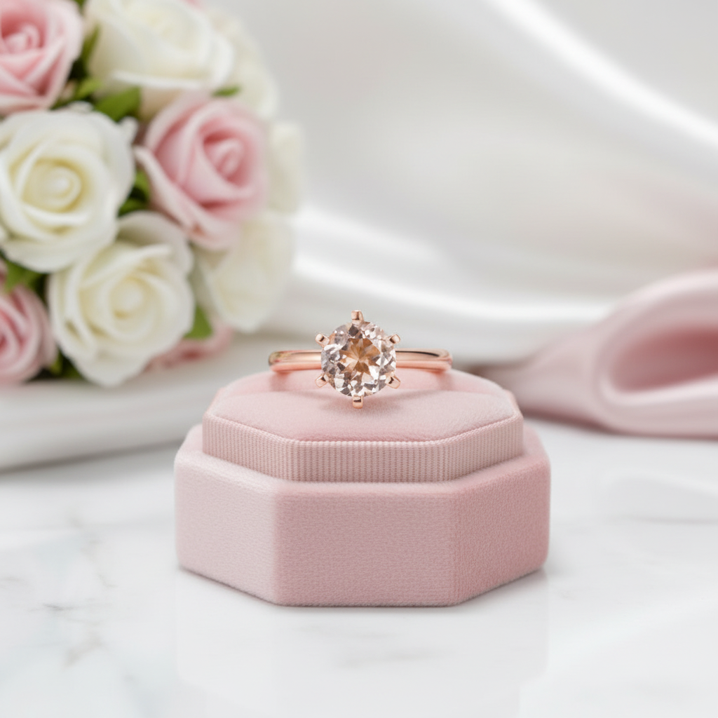 14k Rose Gold Solitaire Ring 1.2 Ct Peach Morganite 6 Claws-Black Diamonds New York