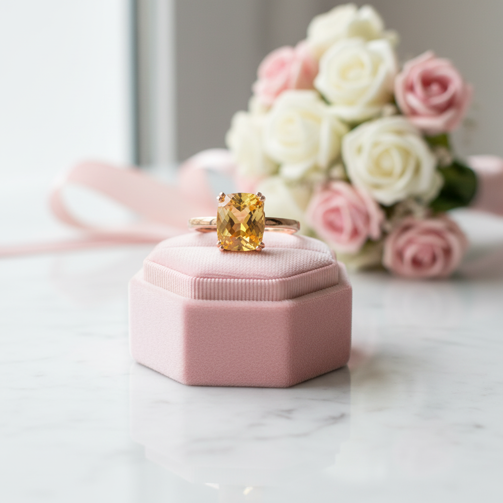 14K Rose Gold Yellow Citrine Engagement Ring-Black Diamonds New York