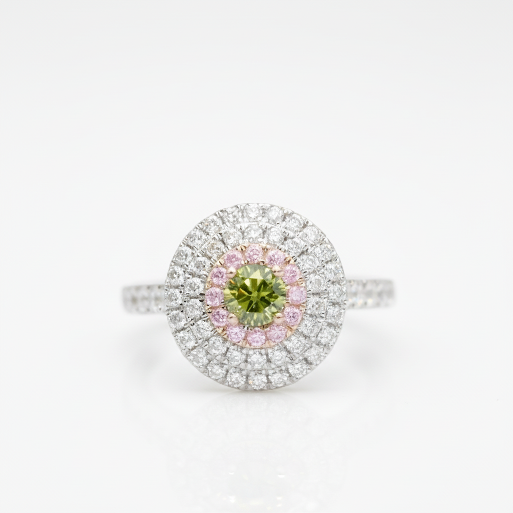 14k Two Tone Gold Peridot Three Halo Engagement Ring-Black Diamonds New York