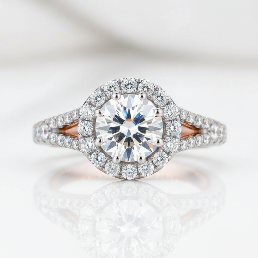 14k Two Tone Gold Center 1.2ct 7mm Diamond Option Halo Engagement Ring-Black Diamonds New York