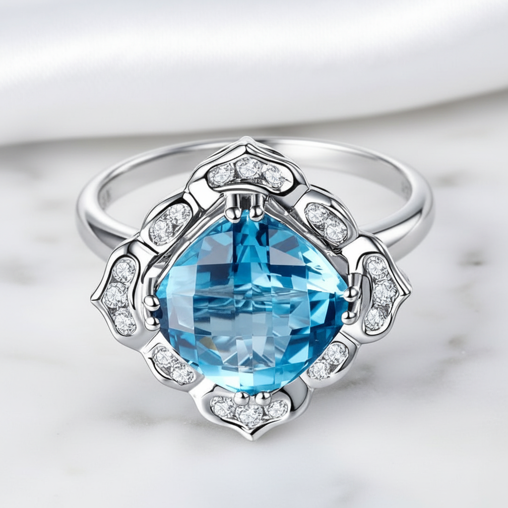 14k White 3ct Swiss Blue Topaz Diamond Option Ring-Black Diamonds New York