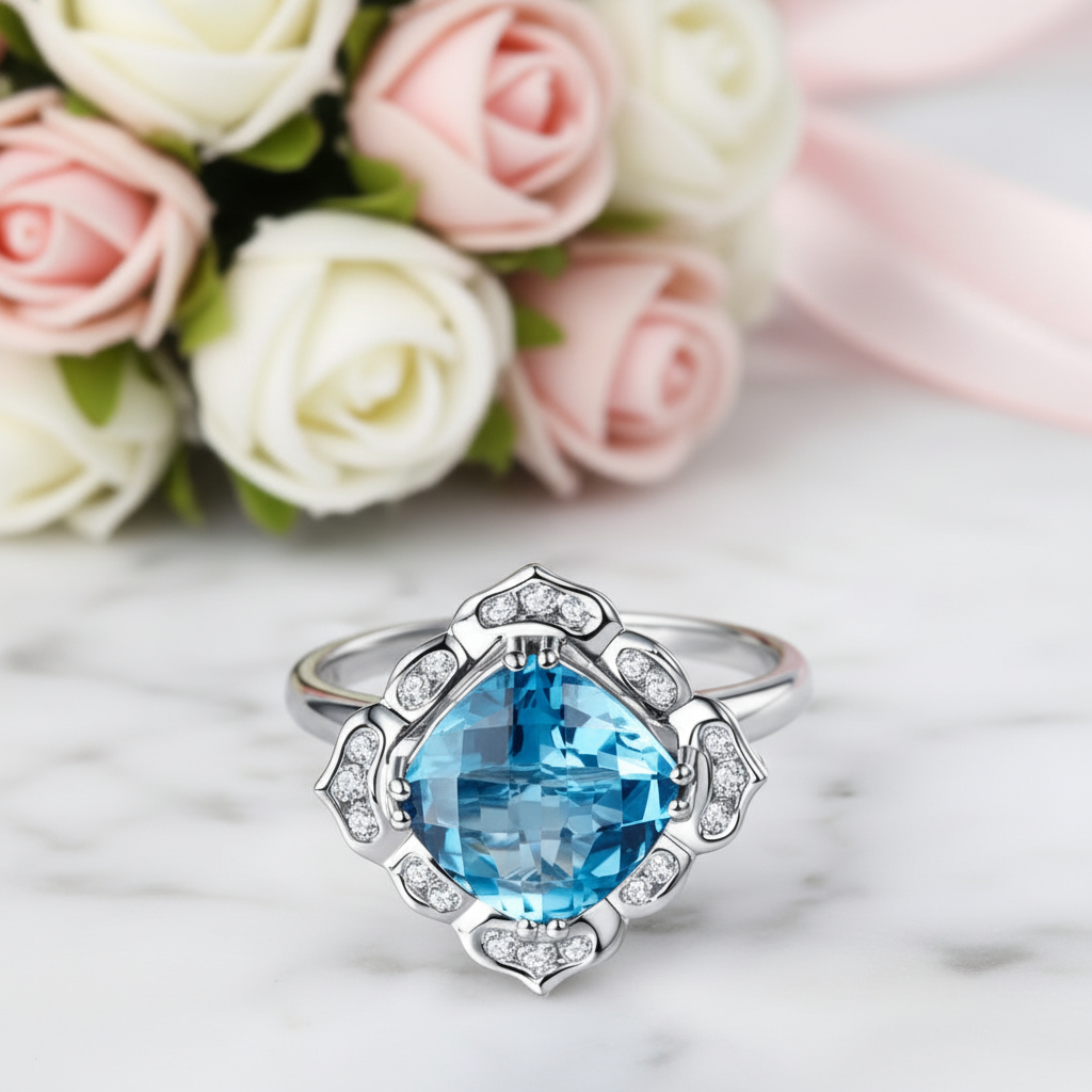 14k White 3ct Swiss Blue Topaz Diamond Option Ring-Black Diamonds New York