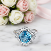 14k White 3ct Swiss Blue Topaz Diamond Option Ring-Black Diamonds New York