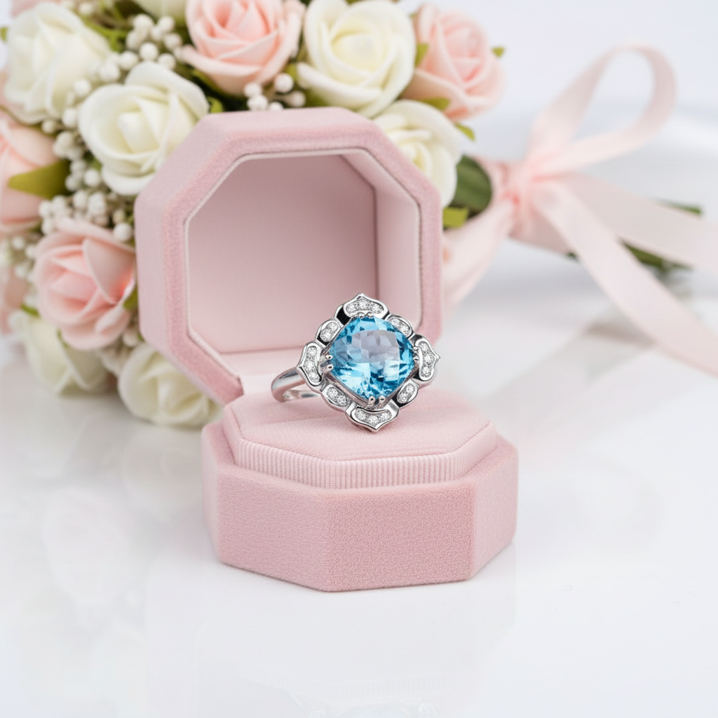 14k White 3ct Swiss Blue Topaz Diamond Option Ring-Black Diamonds New York