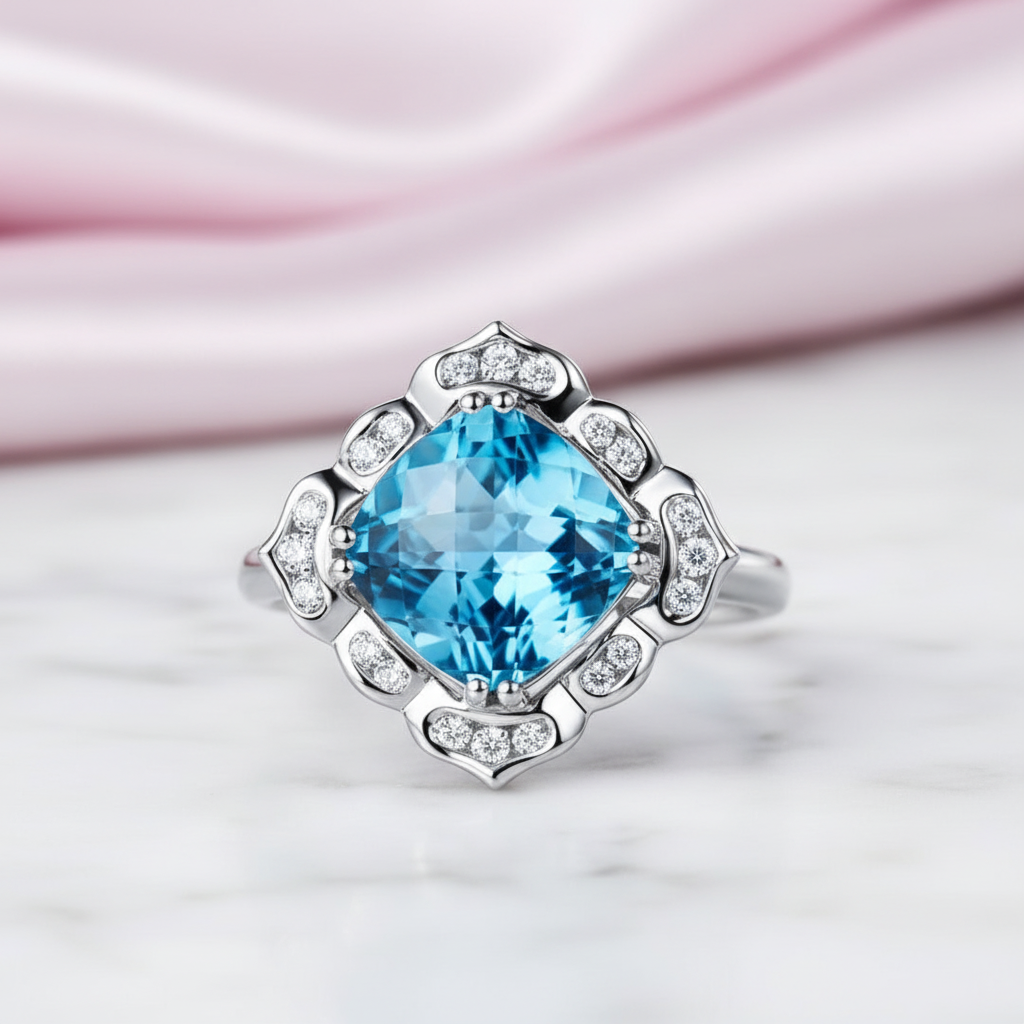 14k White 3ct Swiss Blue Topaz Diamond Option Ring-Black Diamonds New York