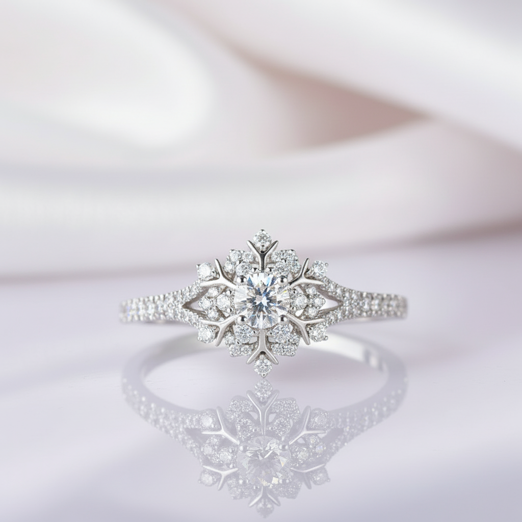 14K White Gold 0.3ct 4mm Diamond Snow Flake Engagement Ring-Black Diamonds New York