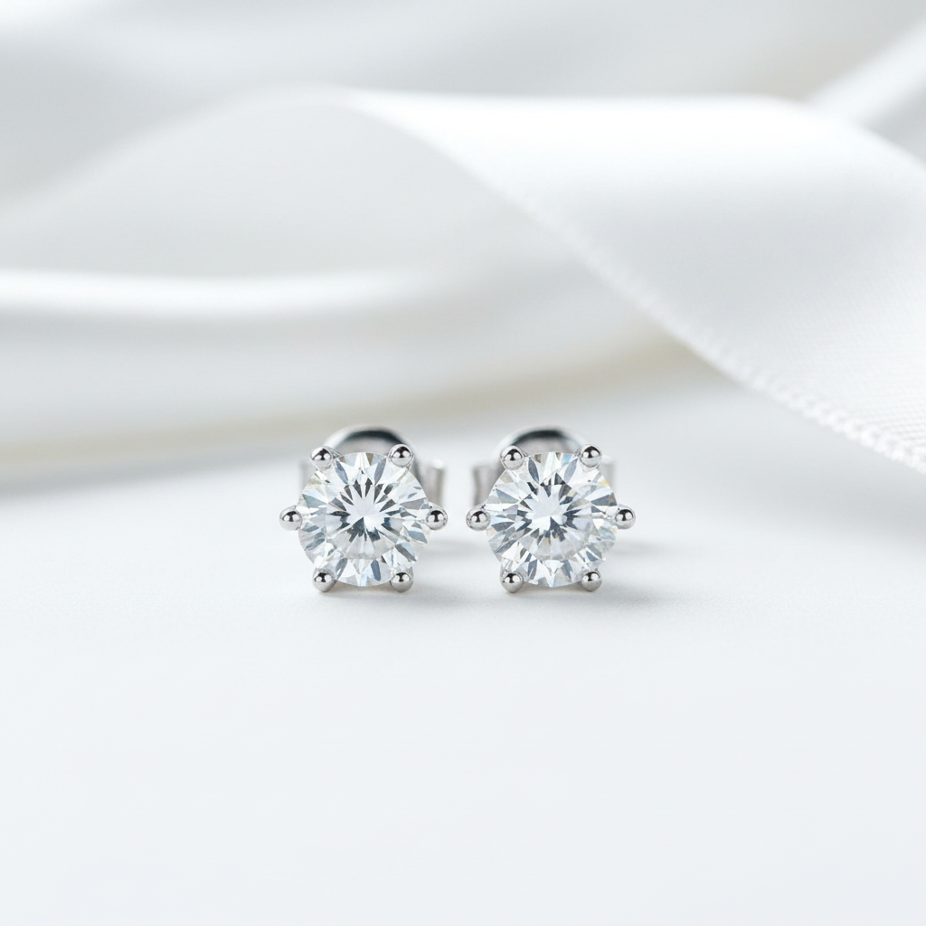Pair of diamond stud earrings on a white satin background