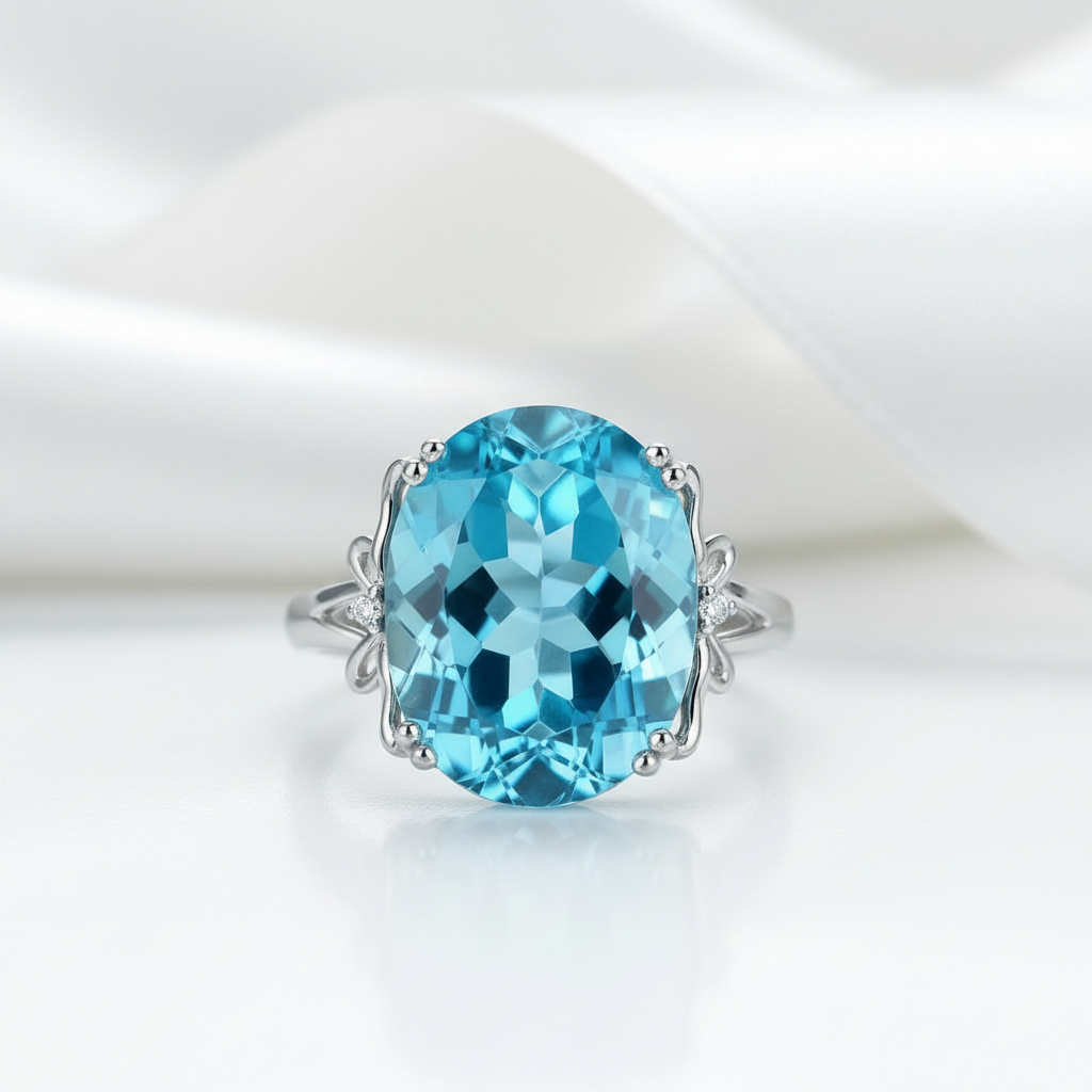 14K White Gold 10.3ct Oval Swiss Blue Topaz Diamond Option Ring-Black Diamonds New York