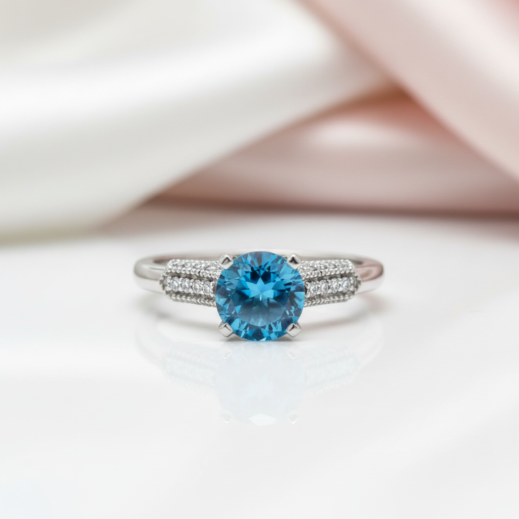 14k White Gold 1.2 Ct London Blue Topaz & Diamond Option Ring-Black Diamonds New York