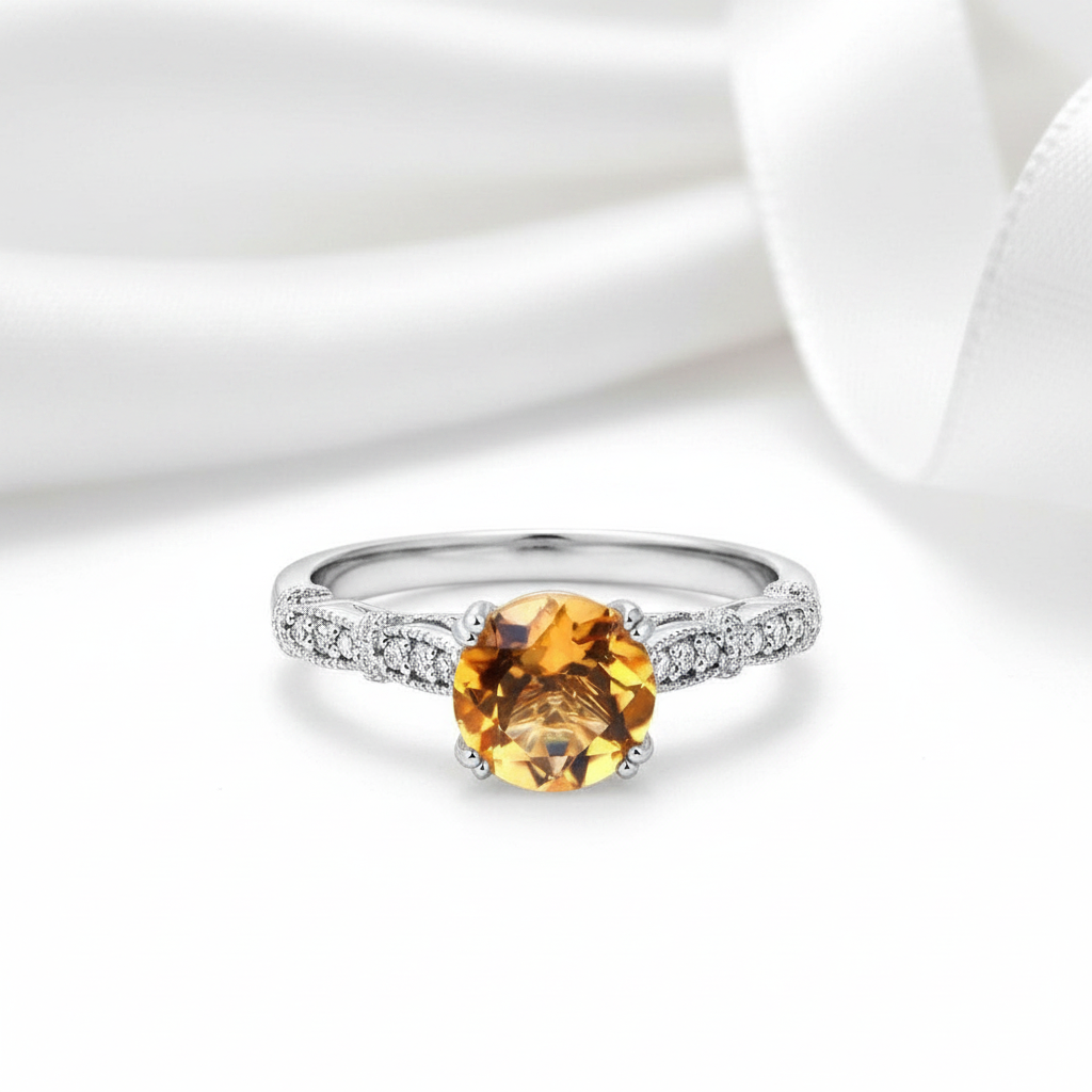 14k White Gold 1.2ct Citrine Gemstone Ring-Black Diamonds New York
