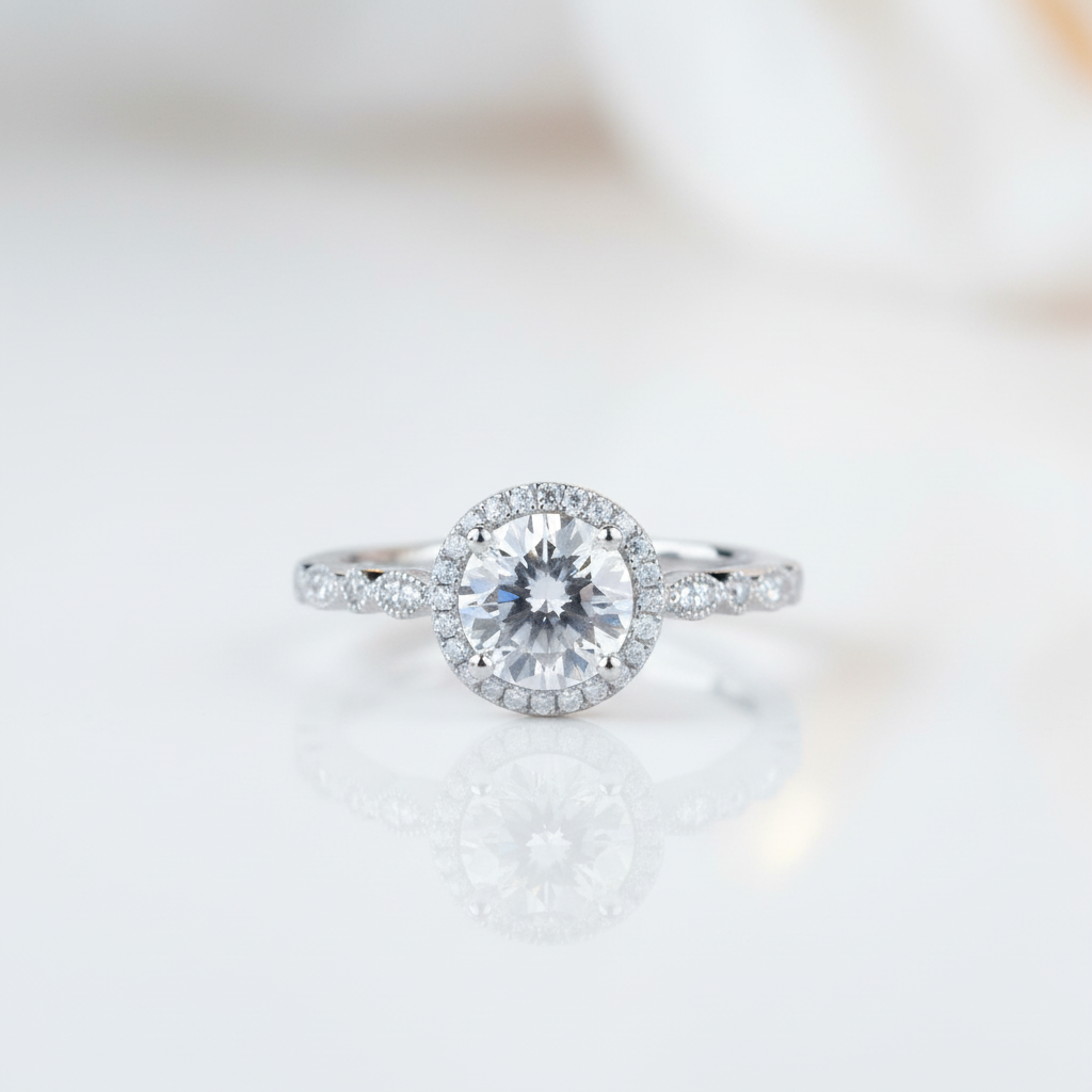 14k White Gold 1.2 Ct Round Cut Diamond Option VVS1 Halo Engagement Ring-Black Diamonds New York