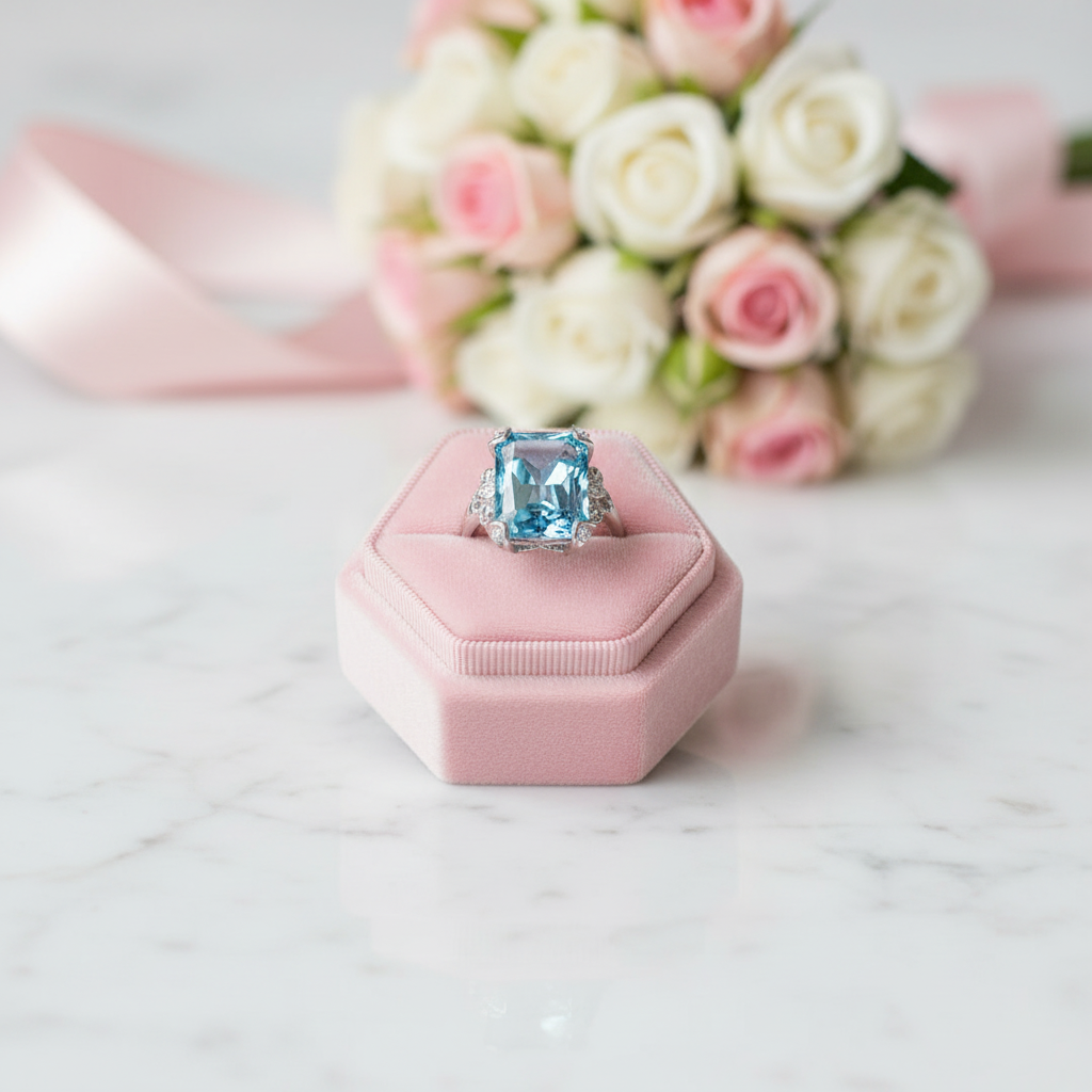14K White Gold 13ct Swiss Blue Topaz Diamond Option Ring-Black Diamonds New York
