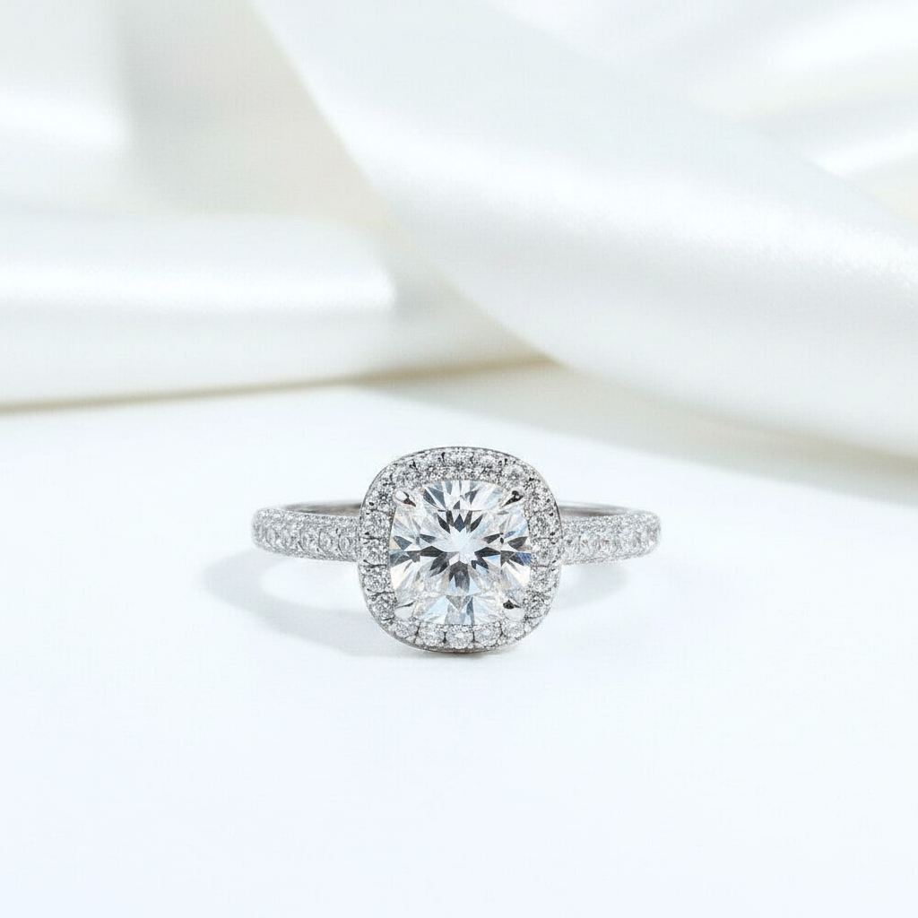 14k White Gold 1.5ct 7mm Cushion Cut Diamond Option Halo Engagement Ring-Black Diamonds New York