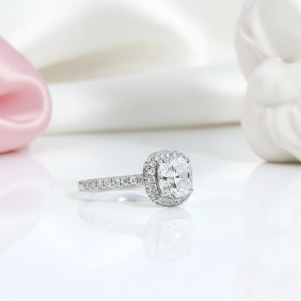 14k White Gold 1.5ct 7mm Cushion Cut Diamond Option Halo Engagement Ring-Black Diamonds New York