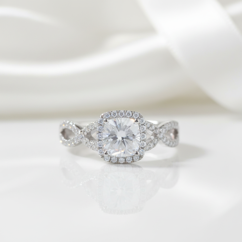 14k White Gold 1.0 Ct Cushion Cut Diamond Option Halo Twist Band Engagement Ring-Black Diamonds New York