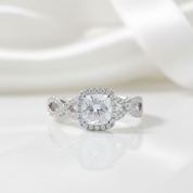 14k White Gold 1.0 Ct Cushion Cut Diamond Option Halo Twist Band Engagement Ring-Black Diamonds New York