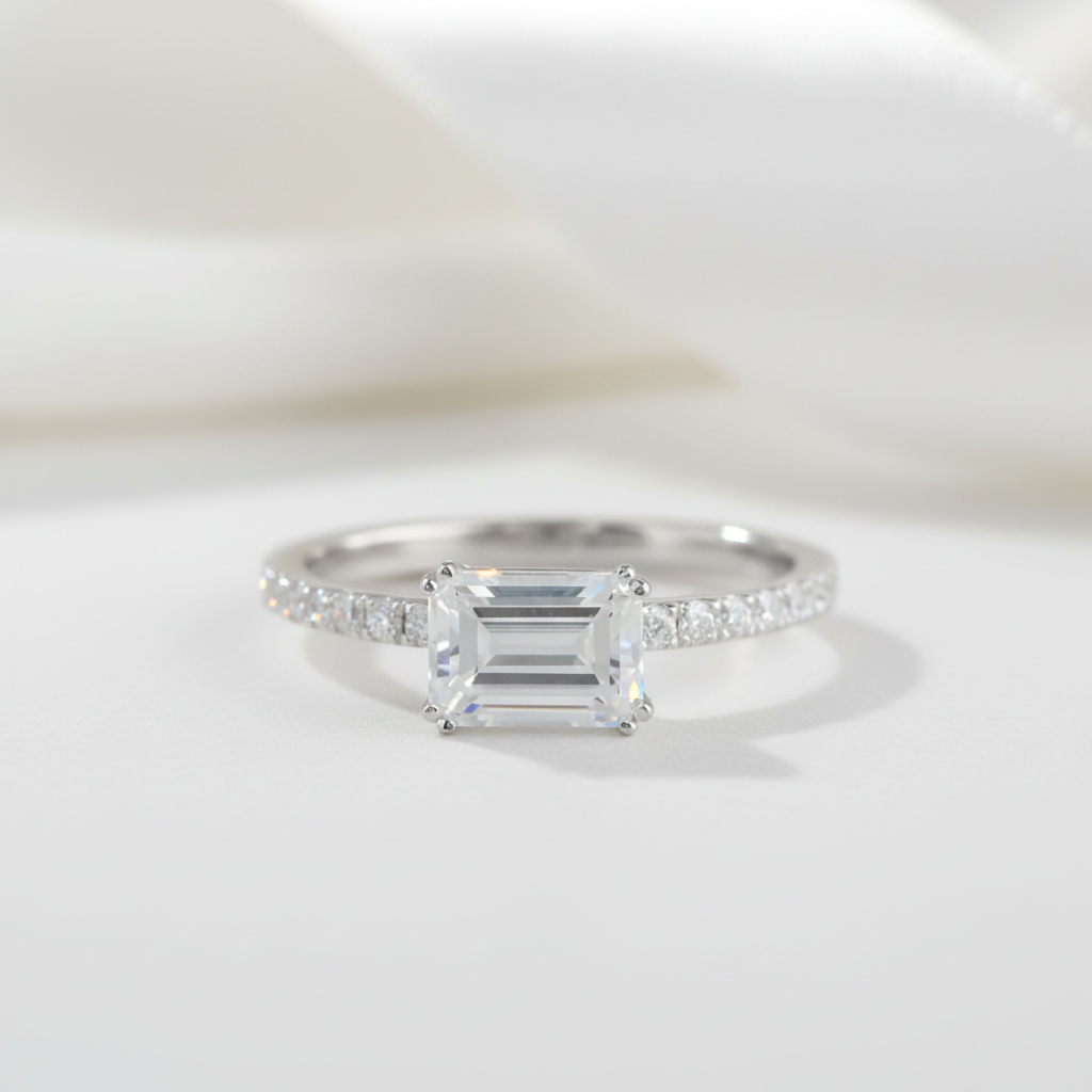 14k White Gold 1ct Emerald Cut Diamond Option Engagement Ring-Black Diamonds New York