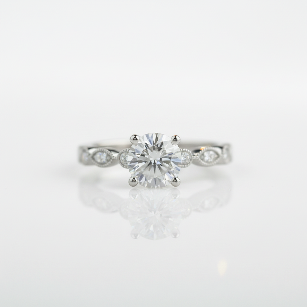 14k White Gold 1.0 Ct Diamond Option Antique Milgrain Engagement Ring-Black Diamonds New York