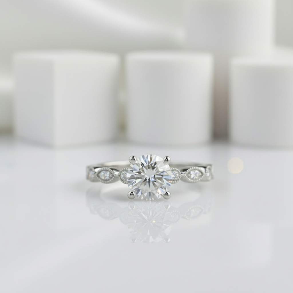 14k White Gold 1.0 Ct Diamond Antique Milgrain Engagement Ring-Black Diamonds New York